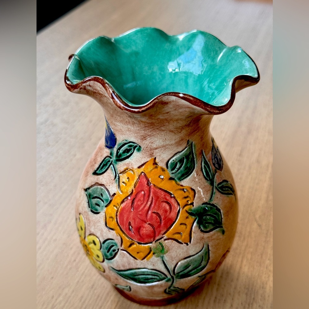 Antique French Pottery signed Monaco Fait Main Vase fluted, floral hand-painted.